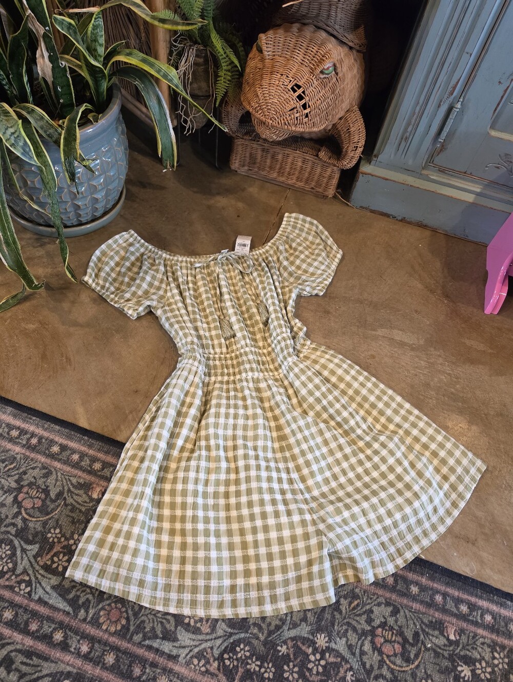American Eagle NWT Green White Checkered Gingham Mini Short Sleeve Romper Size L